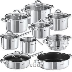 15-Piece Kitchen Cookware Set in Stainless Steel Suitable for Induction