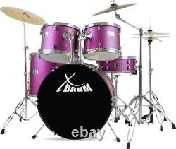 22'' Purple Acoustic Drum Kit Complete Set with Cymbals, Stool, Hardware, and Pedal