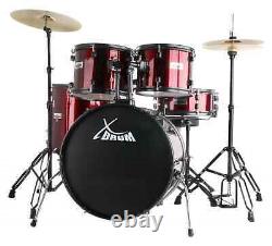 Acoustic Drum Set 22'' Studio Complete Kit Stool Cymbals Red Set
