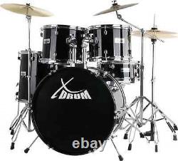 Complete Acoustic Drum Kit 20'' Black Set with Cymbals Stool Hardware Pedal
