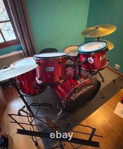 Drum kit, stool, practice kit, and music stand