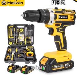 MELLWIN 21V Impact Drill 25+3 Torque Settings with 45 Accessories + 2 Batteries