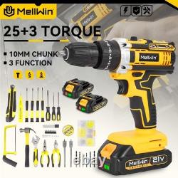 MELLWIN 21V Impact Drill 25+3 Torque Settings with 45 Accessories + 2 Batteries