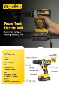 MELLWIN 21V Impact Drill 25+3 Torque Settings with 45 Accessories + 2 Batteries