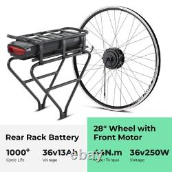 28'' E-Bike Kit de Conversion 36V250W Motor Avant+36V13Ah Batterie Porte-bagages