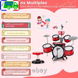 Batterie Enfant avec Clavier Tabouret Pupitre Microphone 2 Baguettes 2 Tonalités