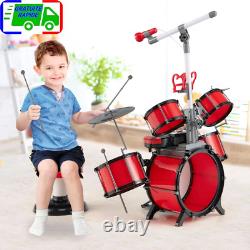Batterie Enfant avec Clavier Tabouret Pupitre Microphone 2 Baguettes 2 Tonalités