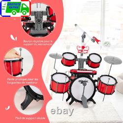 Batterie Enfant avec Clavier Tabouret Pupitre Microphone 2 Baguettes 2 Tonalités