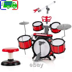 Batterie Enfant avec Clavier Tabouret Pupitre Microphone 2 Baguettes 2 Tonalités