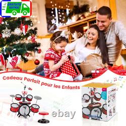 Batterie Enfant avec Clavier Tabouret Pupitre Microphone 2 Baguettes 2 Tonalités