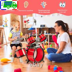 Batterie Enfant avec Clavier Tabouret Pupitre Microphone 2 Baguettes 2 Tonalités