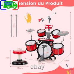 Batterie Enfant avec Clavier Tabouret Pupitre Microphone 2 Baguettes 2 Tonalités