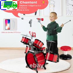 Batterie Enfant avec Clavier Tabouret Pupitre Microphone 2 Baguettes 2 Tonalités