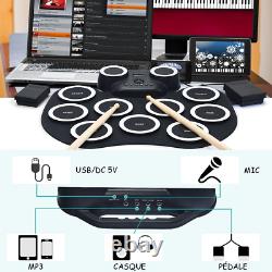 Batterie Tambour Electronique Portable 9 Pads LED Baguettes Pedales Bluetooth