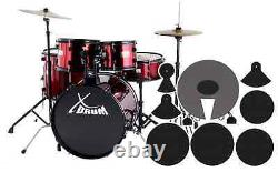 Kit Batterie Acoustique 20'' Ensemble Complet Tabouret Sourdine Cymbales Rouge