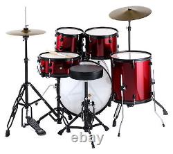 Kit Batterie Acoustique 20'' Studio Ensemble Complet Tabouret Cymbales Rouge Set