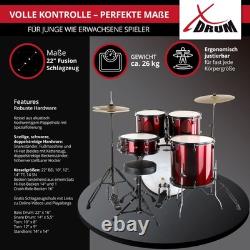 Kit Batterie Acoustique 22'' Fusion Ensemble Complet Tabouret Cymbales Rouge Set