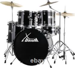Kit Batterie Acoustique 22'' Noir Set Complet Cymbales Tabouret Hardware Pedale