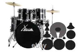Kit de Batterie Acoustique Drumkit 22'' Bois set Pad de Silencieux Tabouret Noir