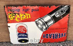 Vintage Émail Signe Board Eveready Torche & Batterie National Carbone Produit